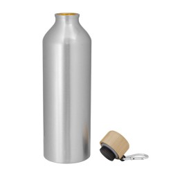 Botella Metálica Plateada con Tapa de Bambú y Mosquetón – Personalizada con tu Logo