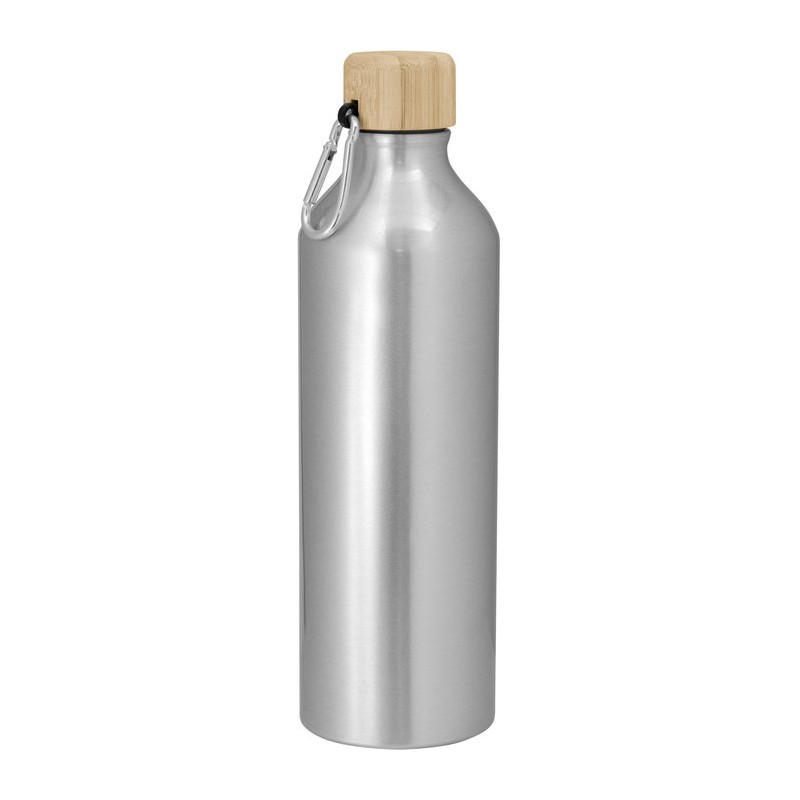 Botella Metálica Plateada con Tapa de Bambú y Mosquetón – Personalizada con tu Logo