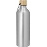 Botella Metálica Plateada con Tapa de Bambú y Mosquetón – Personalizada con tu Logo