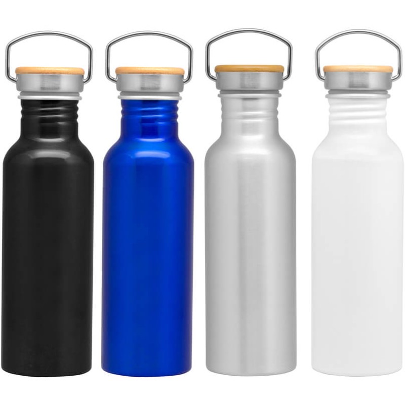 Botella metálica negra con tapa de bambú personalizada | Regalo corporativo todotazones.cl