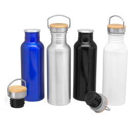 Botella metálica negra con tapa de bambú personalizada | Regalo corporativo todotazones.cl